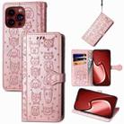 For iPhone 15 Pro Cat and Dog Embossed Leather Phone Case(Rose Gold) - 1