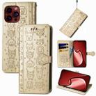 For iPhone 15 Pro Cat and Dog Embossed Leather Phone Case(Gold) - 1