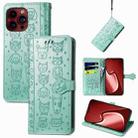 For iPhone 15 Pro Cat and Dog Embossed Leather Phone Case(Green) - 1