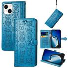 For iPhone 15 Plus Cat and Dog Embossed Leather Phone Case(Blue) - 1