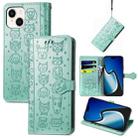 For iPhone 15 Plus Cat and Dog Embossed Leather Phone Case(Green) - 1