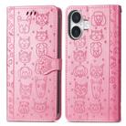 For iPhone 16 Plus Cat and Dog Embossed Leather Phone Case(Pink) - 2