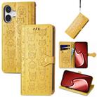 For iPhone 16 Plus Cat and Dog Embossed Leather Phone Case(Yellow) - 1