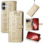 For iPhone 16 Plus Cat and Dog Embossed Leather Phone Case(Gold) - 1