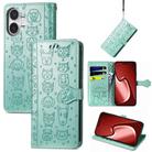 For iPhone 16 Plus Cat and Dog Embossed Leather Phone Case(Green) - 1