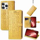 For iPhone 16 Pro Cat and Dog Embossed Leather Phone Case(Yellow) - 1