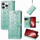 For iPhone 16 Pro Cat and Dog Embossed Leather Phone Case(Green) - 1