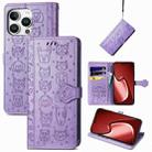 For iPhone 16 Pro Cat and Dog Embossed Leather Phone Case(Purple) - 1