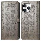 For iPhone 16 Pro Cat and Dog Embossed Leather Phone Case(Gray) - 2