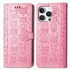 For iPhone 16 Pro Max Cat and Dog Embossed Leather Phone Case(Pink) - 2