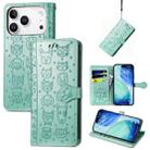 For iPhone 17 Pro Max Cat and Dog Embossed Leather Phone Case(Green) - 1