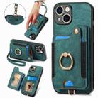 For iPhone 15 Retro Skin-feel Ring Multi-card Wallet Phone Case(Green) - 1