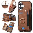 For iPhone 16 Plus Retro Skin-feel Ring Multi-card Wallet Phone Case(Brown) - 1