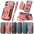 For iPhone 16 Pro Retro Skin-feel Ring Multi-card Wallet Phone Case(Pink) - 1