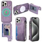 For iPhone 15 Pro Magsafe Zipper RFID Wallet All-inclusive Shockrpoof Phone Case(Purple) - 1