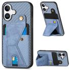 For iPhone 16 Carbon Fiber Wallet Flip Card K-shaped Holder Phone Case(Blue) - 1