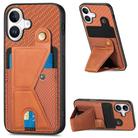 For iPhone 16 Plus Carbon Fiber Wallet Flip Card K-shaped Holder Phone Case(Brown) - 1