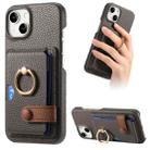 For iPhone 15 Plus Litchi Leather Oil Edge Ring Card Back Phone Case(Grey) - 1