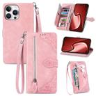 For iPhone 16 Pro Embossed Flower Zipper Leather Phone Case(Pink) - 1