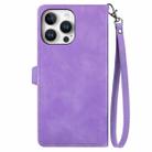 For iPhone 16 Pro Embossed Flower Zipper Leather Phone Case(Purple) - 3