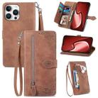 For iPhone 16 Pro Embossed Flower Zipper Leather Phone Case(Brown) - 1