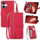 For iPhone 16 Plus Embossed Flower Zipper Leather Phone Case(Red) - 1