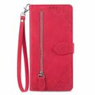 For iPhone 16 Plus Embossed Flower Zipper Leather Phone Case(Red) - 2