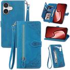 For iPhone 16 Plus Embossed Flower Zipper Leather Phone Case(Blue) - 1