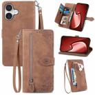 For iPhone 16 Plus Embossed Flower Zipper Leather Phone Case(Brown) - 1