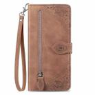 For iPhone 16 Plus Embossed Flower Zipper Leather Phone Case(Brown) - 2