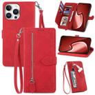 For iPhone 16 Pro Max Embossed Flower Zipper Leather Phone Case(Red) - 1