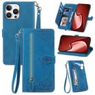 For iPhone 16 Pro Max Embossed Flower Zipper Leather Phone Case(Blue) - 1