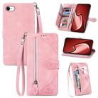 For iPhone 16e Embossed Flower Zipper Leather Phone Case(Pink) - 1