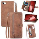 For iPhone 16e Embossed Flower Zipper Leather Phone Case(Brown) - 1
