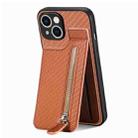 For iPhone 15 Carbon Fiber Vertical Flip Zipper Phone Case(Brown) - 1