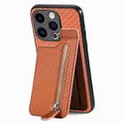 For iPhone 15 Pro Carbon Fiber Vertical Flip Zipper Phone Case(Brown) - 1
