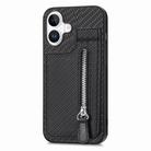 For iPhone 16 Plus Carbon Fiber Vertical Flip Zipper Phone Case(Black) - 2