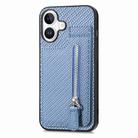 For iPhone 16 Plus Carbon Fiber Vertical Flip Zipper Phone Case(Blue) - 2