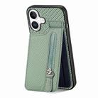 For iPhone 16 Plus Carbon Fiber Vertical Flip Zipper Phone Case(Green) - 1