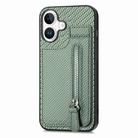 For iPhone 16 Plus Carbon Fiber Vertical Flip Zipper Phone Case(Green) - 2