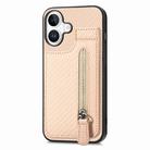 For iPhone 16 Plus Carbon Fiber Vertical Flip Zipper Phone Case(Khaki) - 2