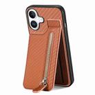 For iPhone 16 Plus Carbon Fiber Vertical Flip Zipper Phone Case(Brown) - 1