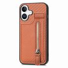 For iPhone 16 Plus Carbon Fiber Vertical Flip Zipper Phone Case(Brown) - 2