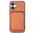 For iPhone 16 Plus Carbon Fiber Leather Card Magsafe Phone Case(Brown) - 1