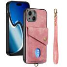 For iPhone 15 Plus Retro Card Wallet Fold Leather Phone Case with Strap(Pink) - 1