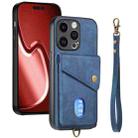 For iPhone 15 Pro Retro Card Wallet Fold Leather Phone Case with Strap(Blue) - 1