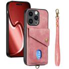 For iPhone 15 Pro Retro Card Wallet Fold Leather Phone Case with Strap(Pink) - 1