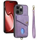 For iPhone 15 Pro Max Retro Card Wallet Fold Leather Phone Case with Strap(Purple) - 1