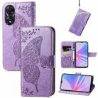 For OPPO A58 4G Butterfly Love Flower Embossed Leather Phone Case(Lavender) - 1