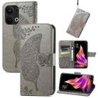 For OPPO Reno9 Pro+ Butterfly Love Flower Embossed Leather Phone Case(Gray) - 1